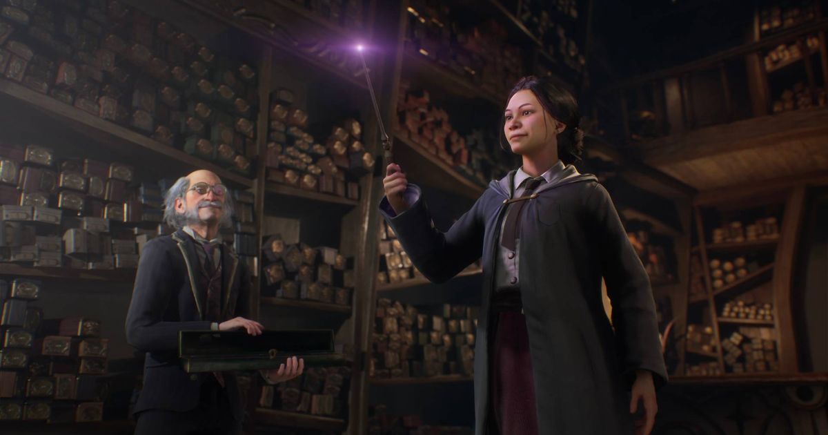 A witch casting a spell with her new wand in Hogwarts Legacy.