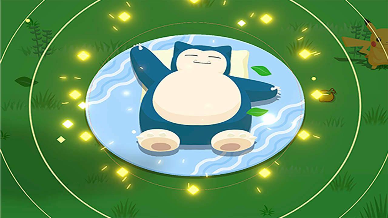 A plush Snorlax Pokemon toy relaxing in a pool of blue lights, representing a Pokemon Sleep item.
