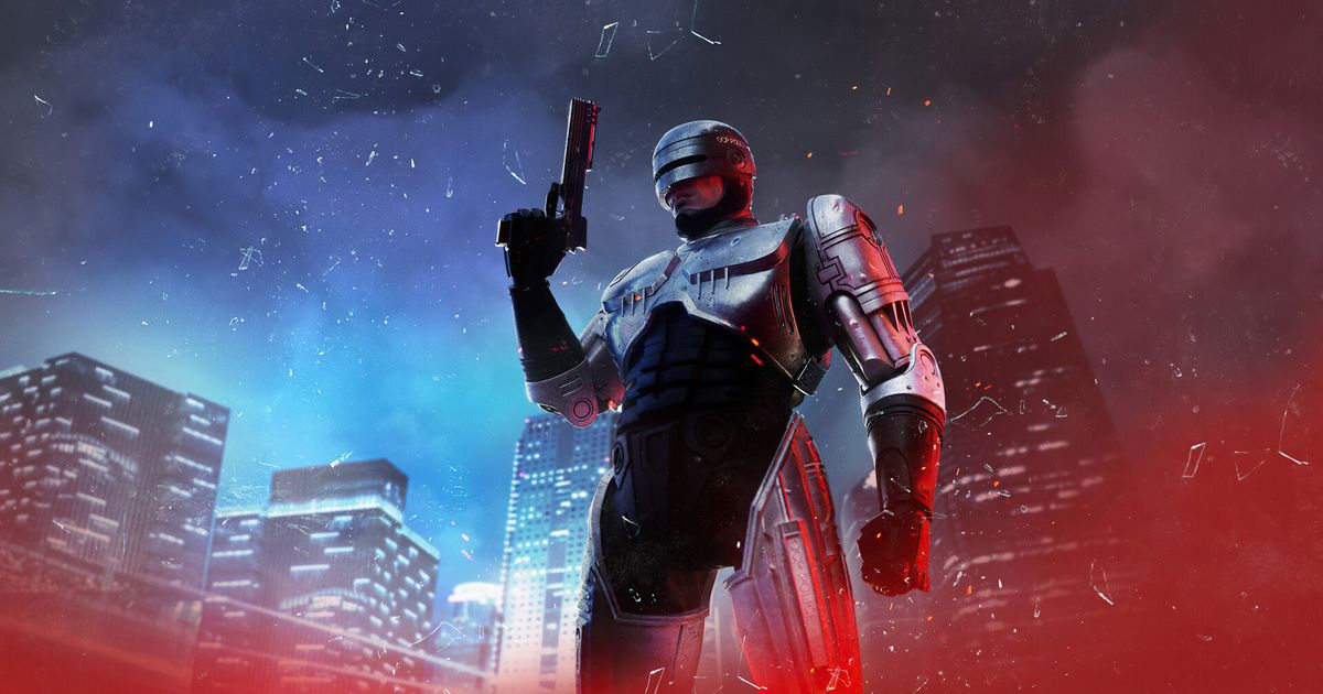 robocop nintendo switch release with robocop standing holding a pistol with city background