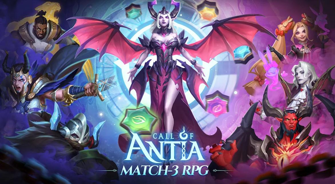 Artwork for Call of Antia featuring various in-game characters and heroes.