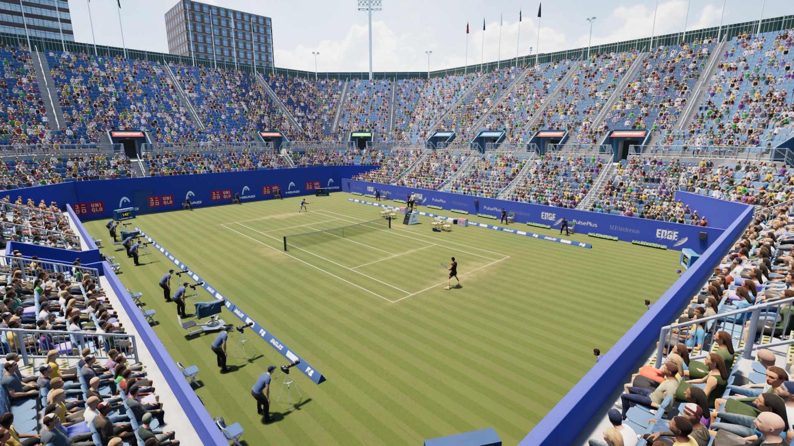 An overview of a grass court in Matchpoint Tennis Championships