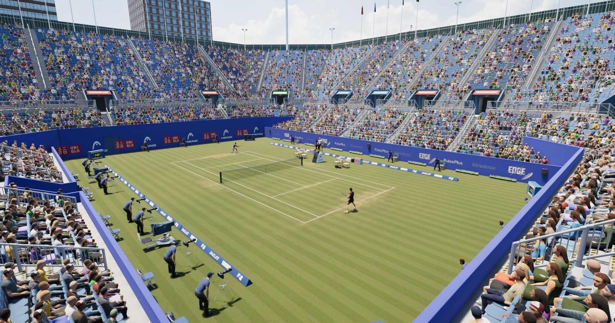 An overview of a grass court in Matchpoint Tennis Championships