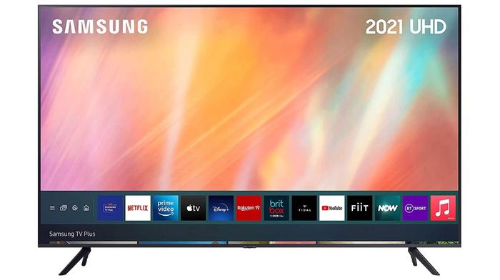 Best cheap TV - Samsung UE43AU7100 product image of a thin-framed TV with a light pink and orange background on the display and a selection of apps at the bottom.