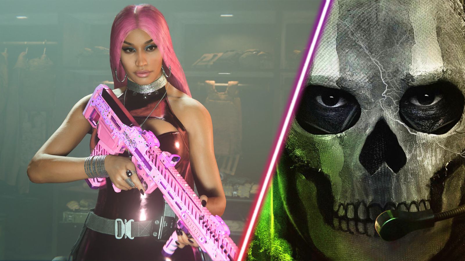 Screenshot of Call of Duty Nicki Minaj Operator and Ghost on green background