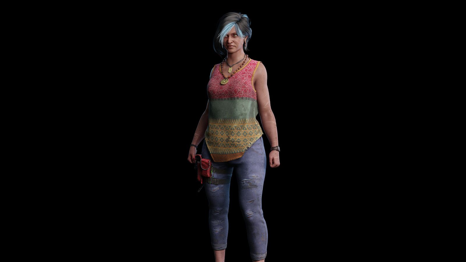 A 3/4 view of Haddie Kaur, showing off her whole outfit and what she looks like. An indian woman, wearing a striped vest and blue jeans.