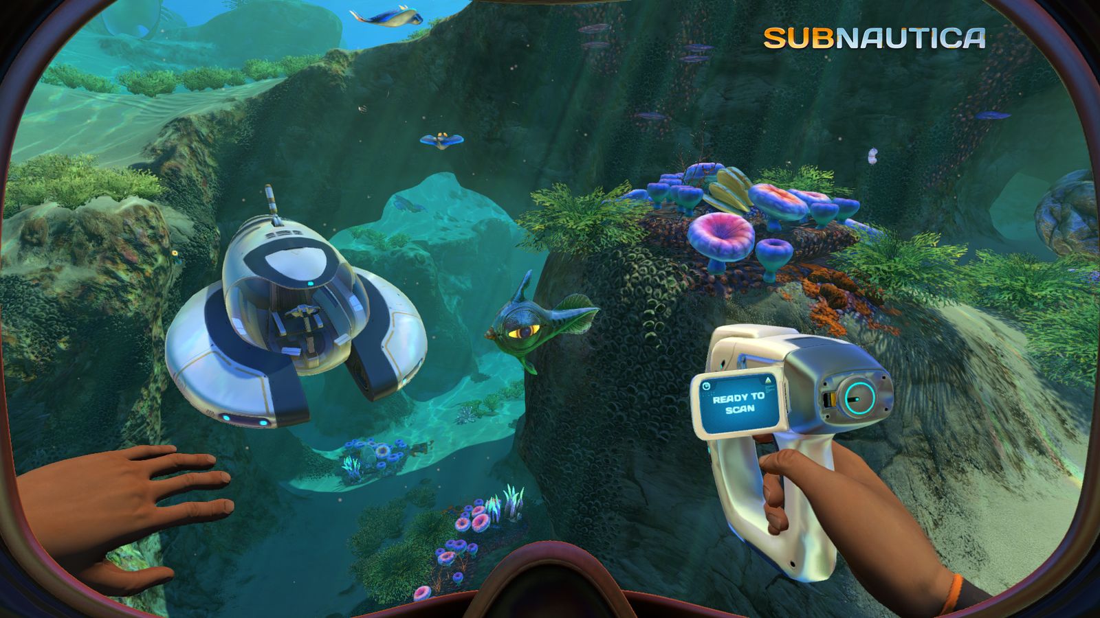 A little submersible ship underwater! There are some coral and some fish in Subnautica