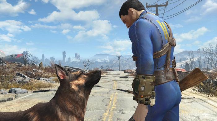 Image of the sole survivor and Dogmeat in Fallout 4.