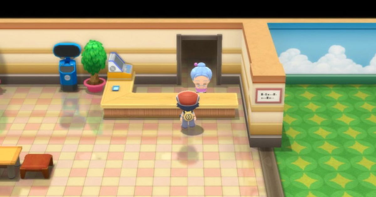 A Pokémon Trainer stands in front of an Elder at Solaceon Nursery  in Pokémon Brilliant Diamond and Shining Pearl.