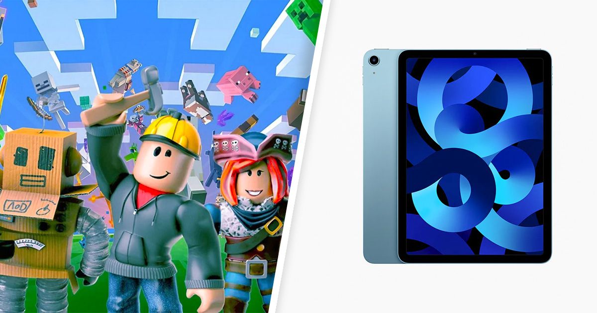 Characters from Roblox including one with a yellow hat holding a hammer and another in a carboard robot costume on one side of a white line. On the other, a light blue iPad with a blue circular pattern on the display.