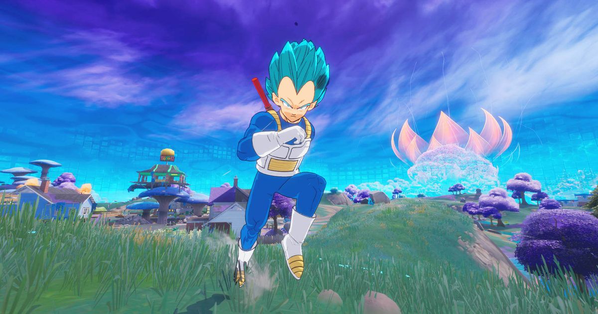 A Dragon Ball Z character running across a field in Fortnite.
