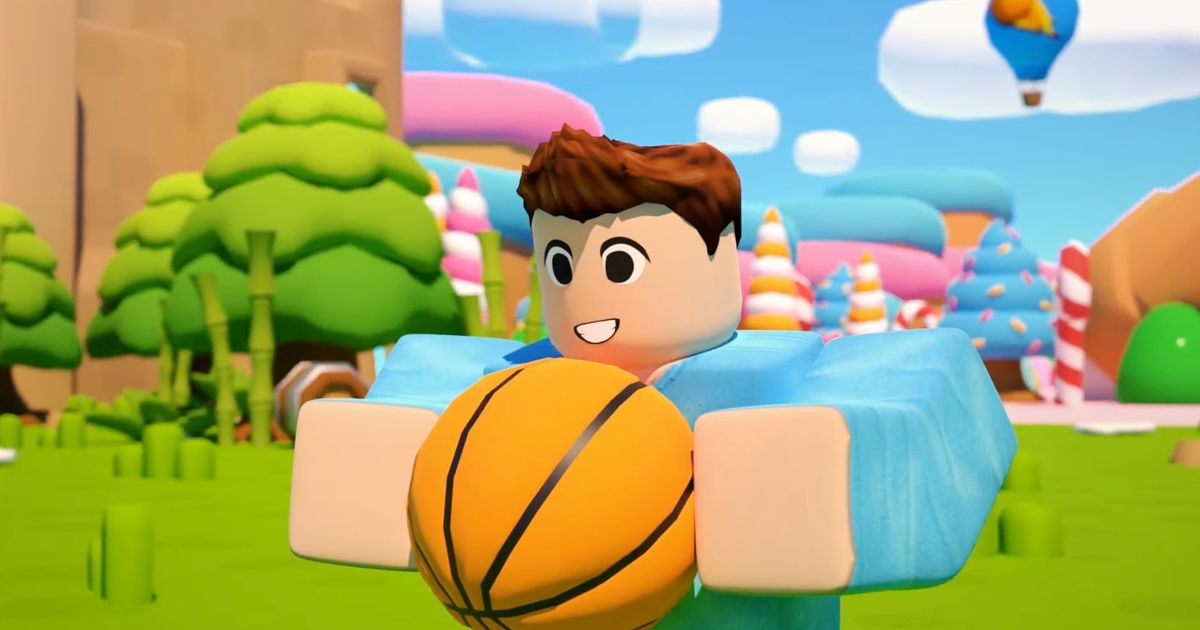 A Roblox character holding a basketball in Hoop Simulator.