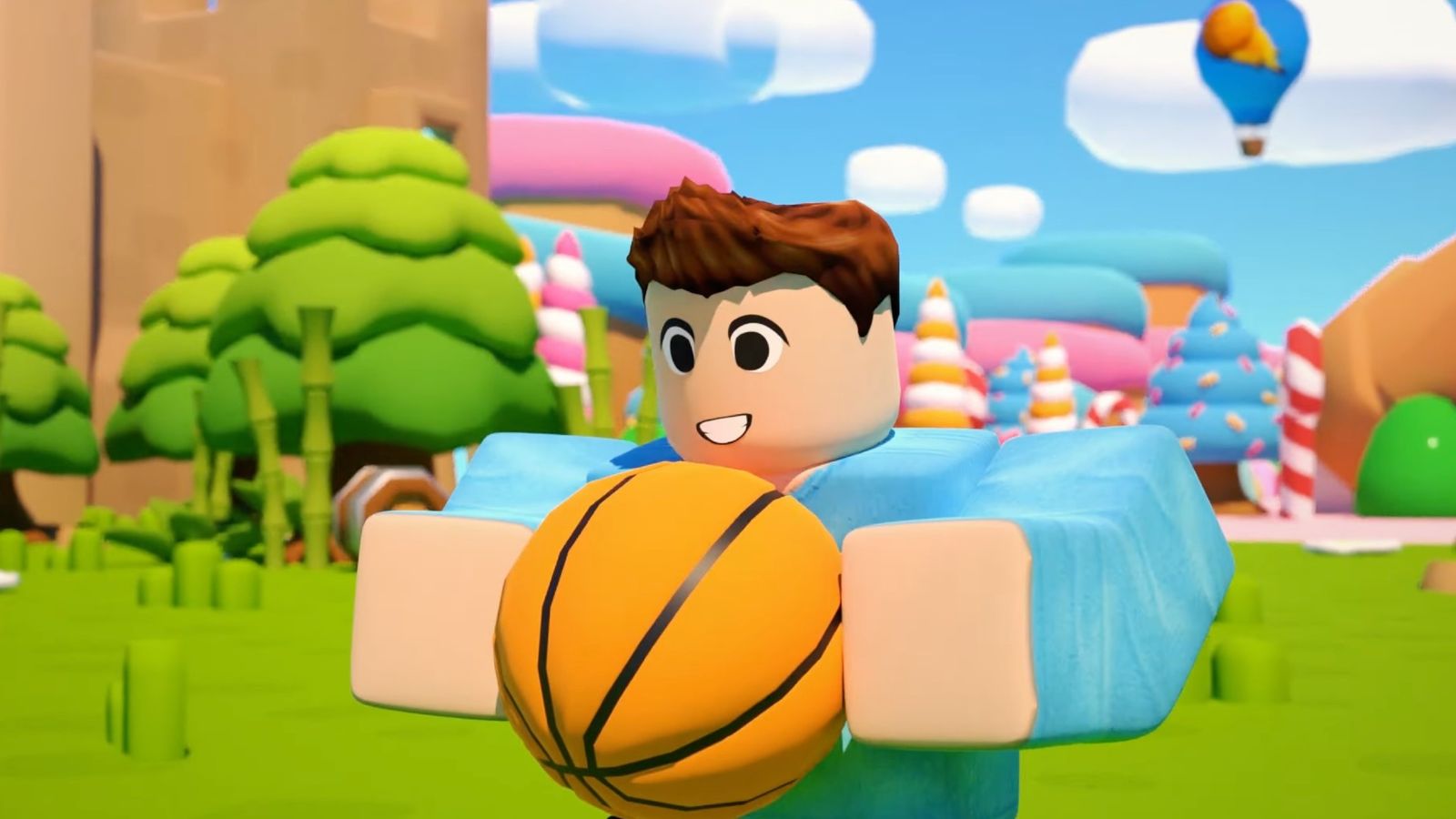 A Roblox character holding a basketball in Hoop Simulator.