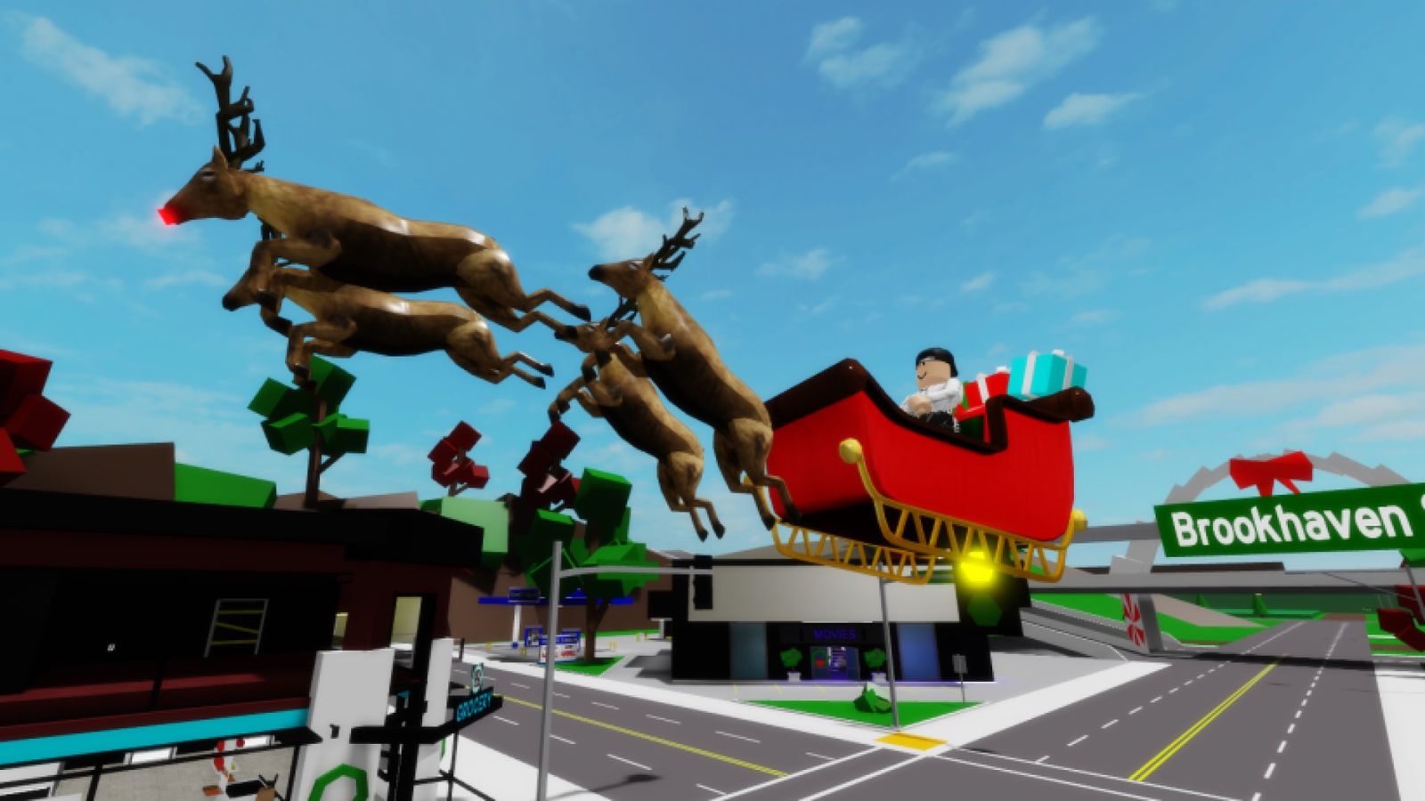 A Roblox character riding a sleigh in Brookhaven.
