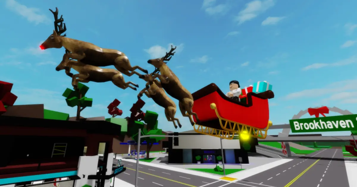 A Roblox character riding a sleigh in Brookhaven.