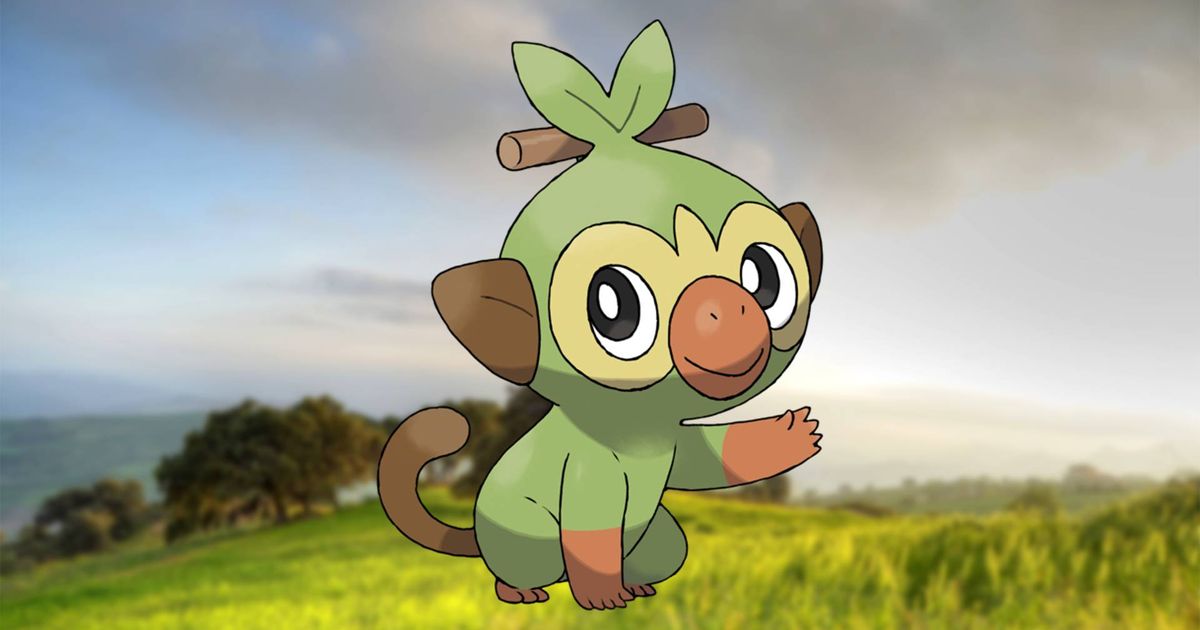 Grookey against a grassy field background in Pokemon