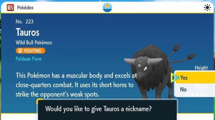A leaked image of Tauros' Pokedex page in Pokemon Scarlet and Violet