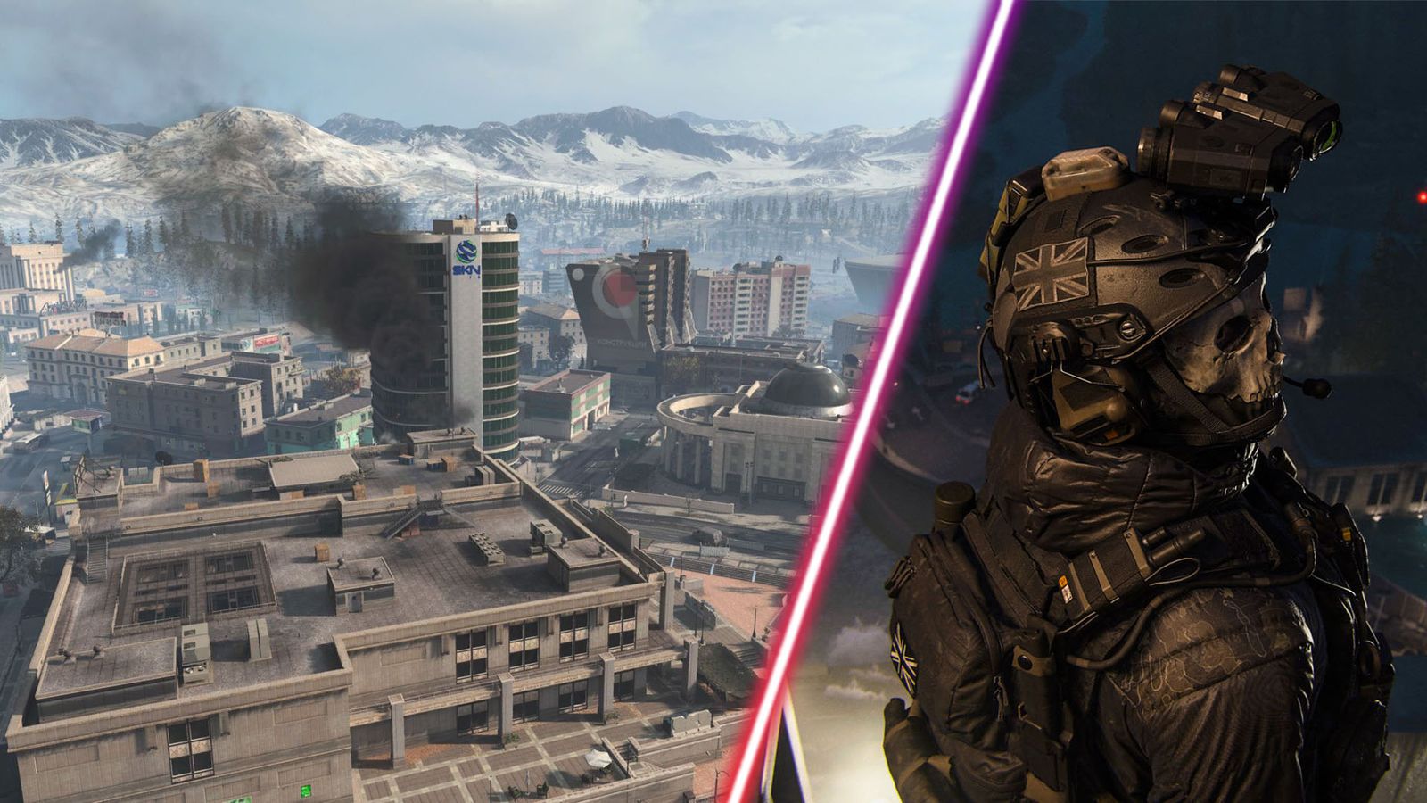 Call of Duty Verdansk map and Ghost wearing night-vision goggles