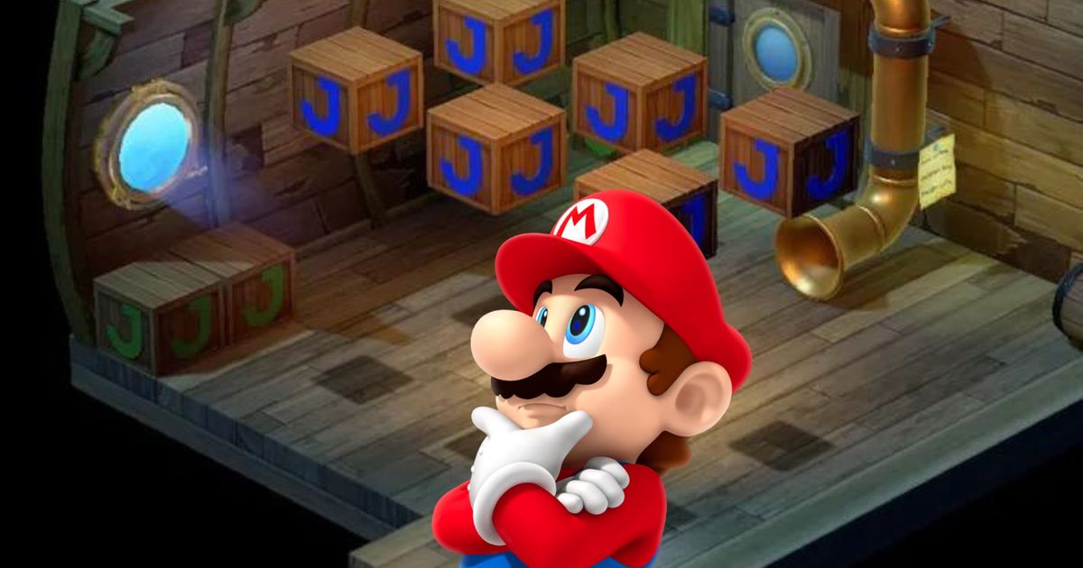 Mario thinking with flying boxes marked with the letter J floating above his head