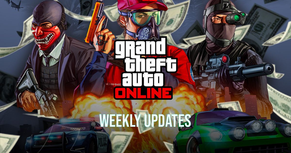 Artwork showing three characters conducting a heist in Grand Theft Auto Online, with two cars driving away from an explosion at the bottom of the image.