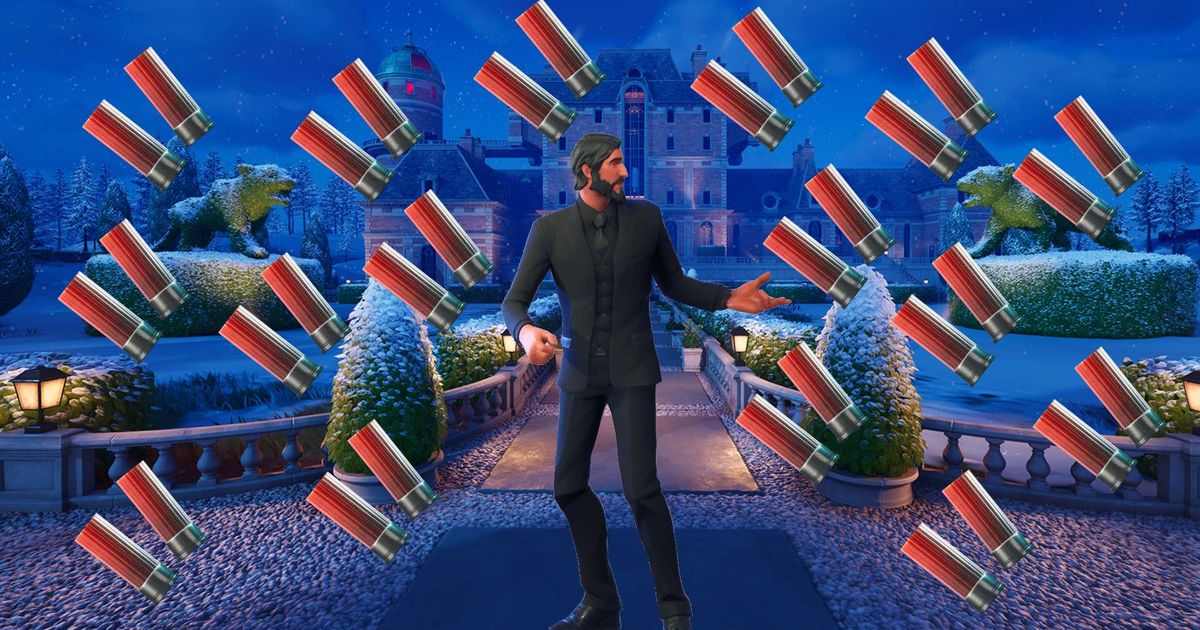 fortnite character standing in middle with shotgun ammo all around him
