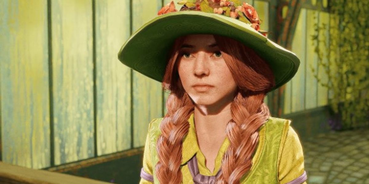 A female character waring a green hat and clothing in Hogwarts Legacy.