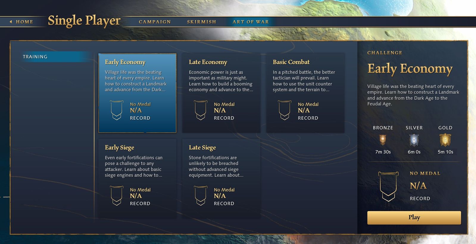 The menu for the Art of War mode in Age of Empires 4.