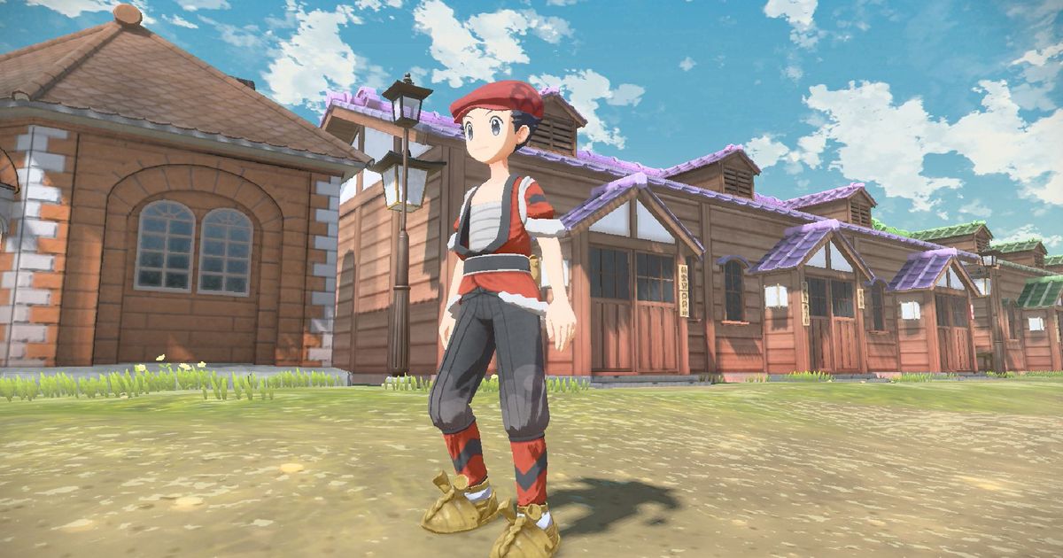 A Pokémon Trainer wearing the Hisuian Growlithe Kimono set in Pokémon Legends: Arceus.
