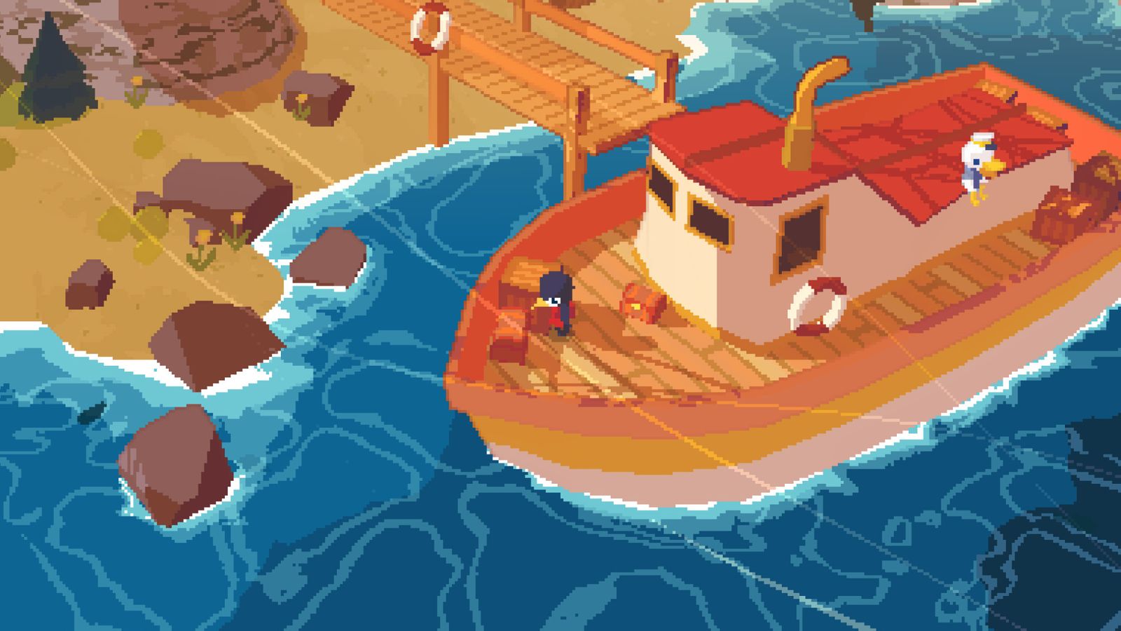 In-game from A Short Hike of a penguin character riding a brown and red wooden boat.