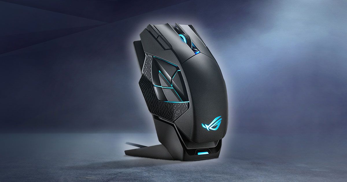 A black ergonomic ASUS mouse featuring blue lights resting in a charging stand.