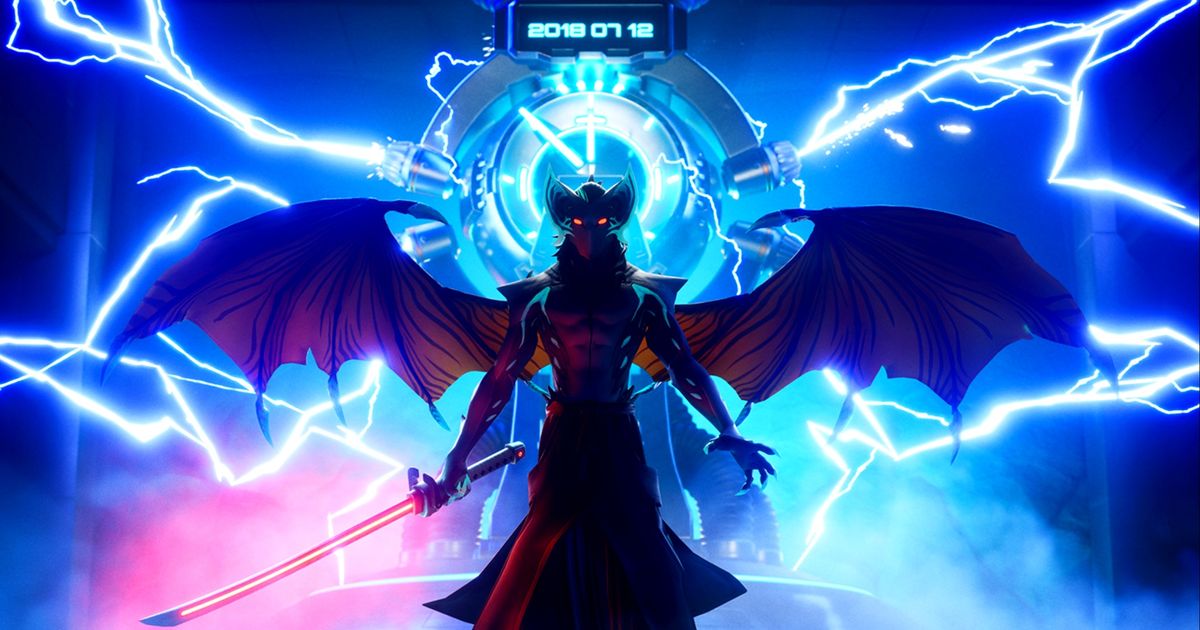 Fortnite character with wings and a sword standing in front of a machine. Its display reads '2018-07-12'
