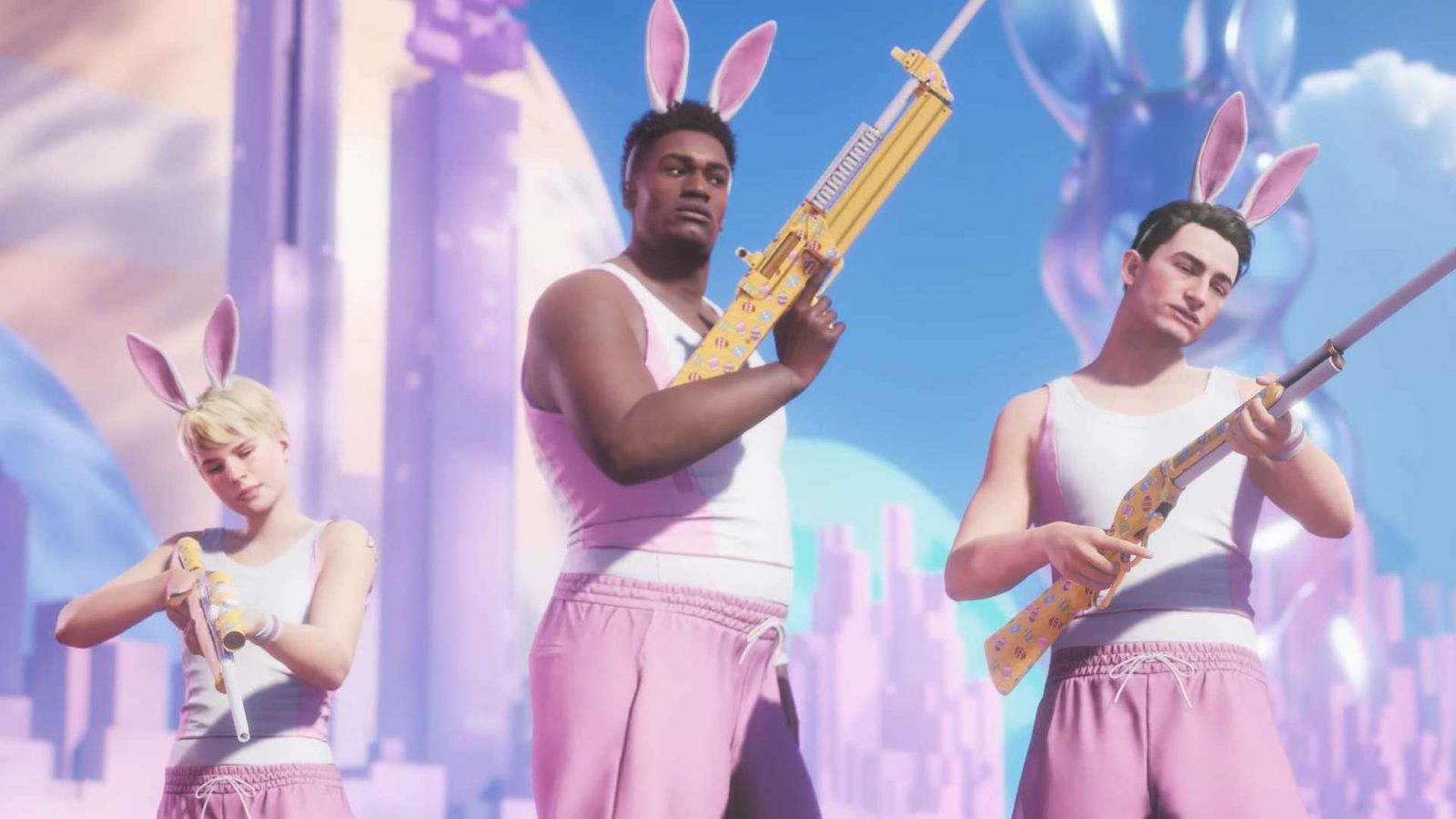 Three The Finals contestants in Easter Attire holding easter-themed weapons