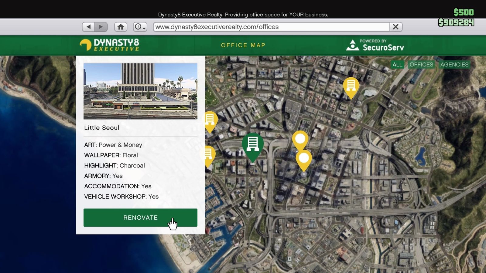 GTA Online Dynasty8 Website showing current Agency and what is included in the current building. The cursor is hovering over the renovate button.