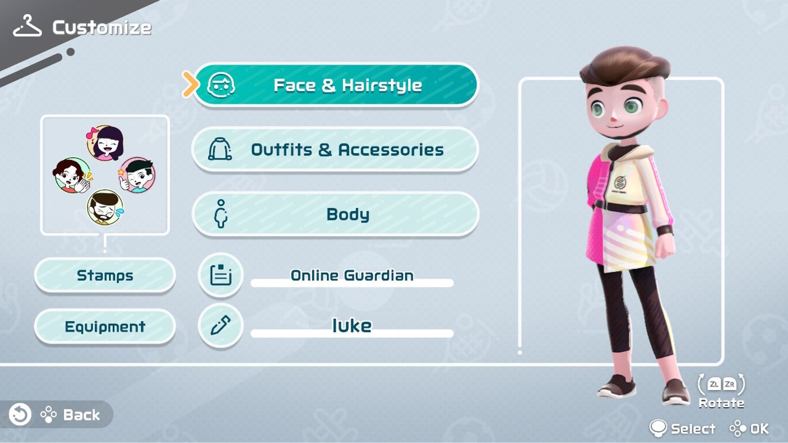 Image of the character customisation menu in Switch Sports.