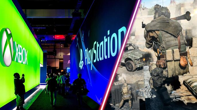 Xbox and PlayStation corridor and Call of Duty player holding RPG