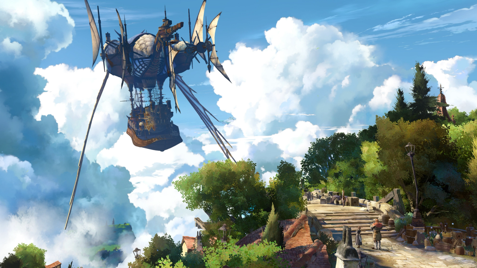 granblue fantasy relink airship taking off into blue skies with lush greenery underneath