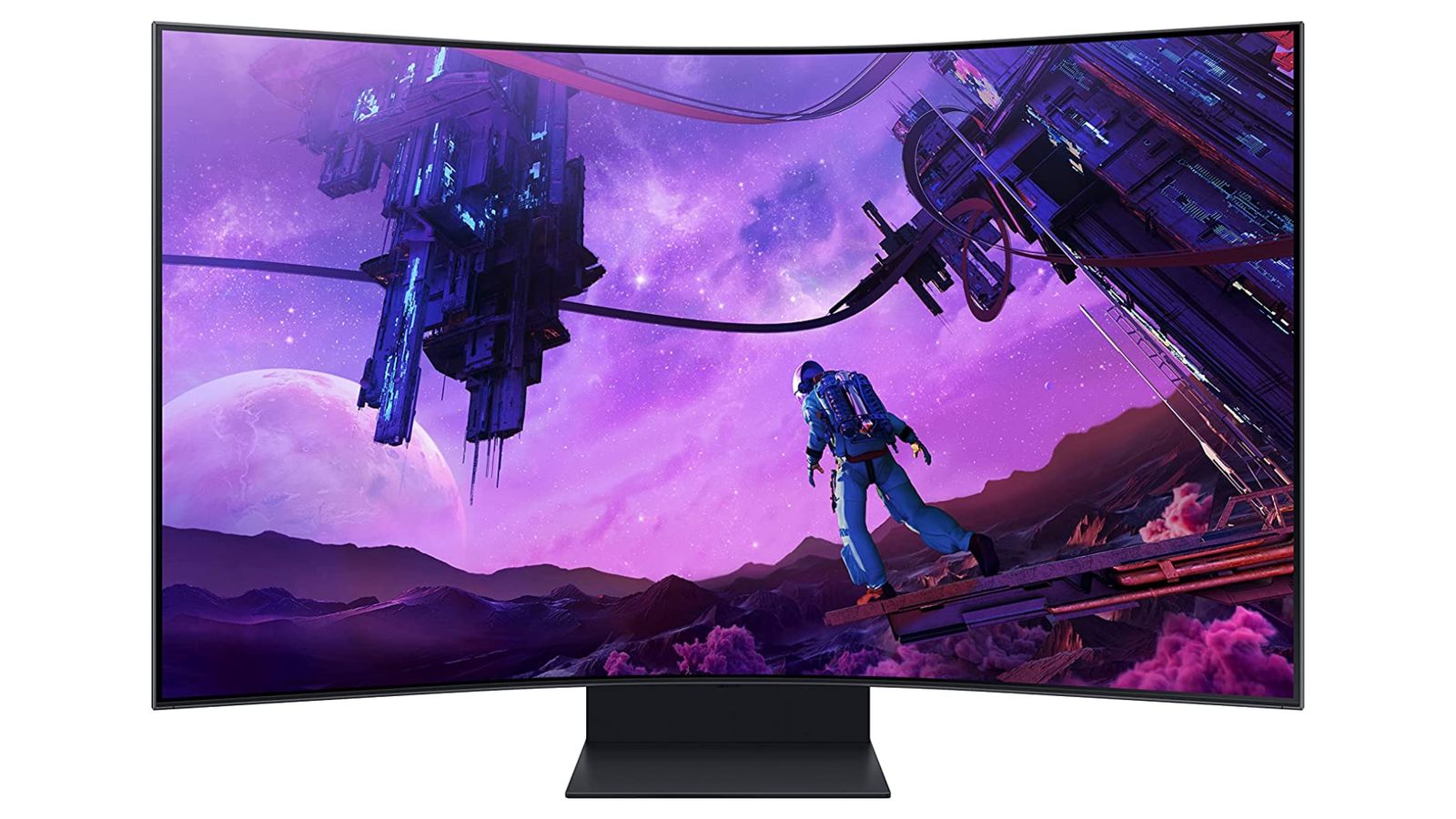 Samsung Odyssey Ark product image of a black monitor featuring a sci-fi space scene of someone in a space suit standing on a planet with a purple sky.