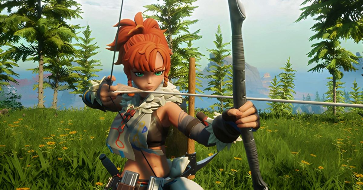 Palworld - ginger-haired woman aiming a bow while stood in a grassy meadow