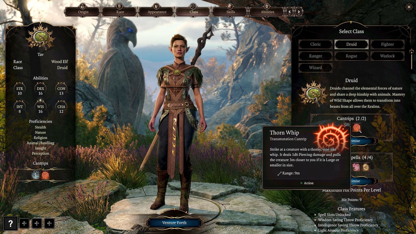 Character creation screen showing a Wood Elf in Baldur's Gate 3.