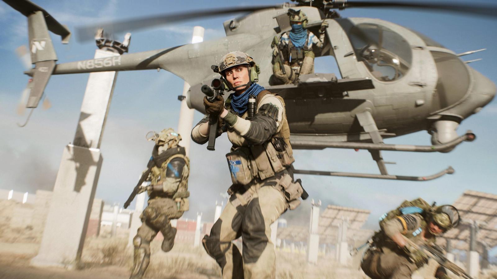 Several specialists in Battlefield 2042 exit a helicopter.