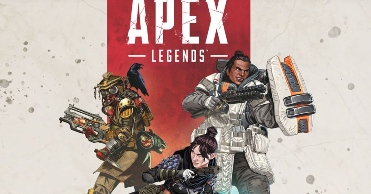 Apex Legends Logo Screen Xbox Store. From left to right, Bloodhound, Wraith and Gibraltar are all underneath the Apex Legends Logo. 