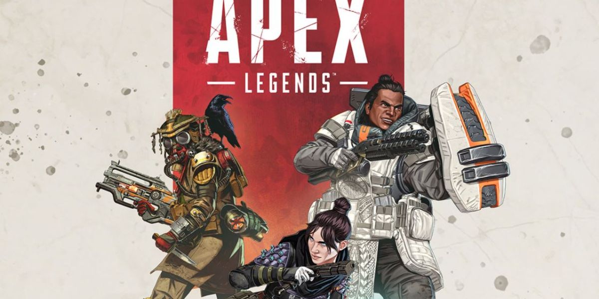 Apex Legends Logo Screen Xbox Store. From left to right, Bloodhound, Wraith and Gibraltar are all underneath the Apex Legends Logo. 