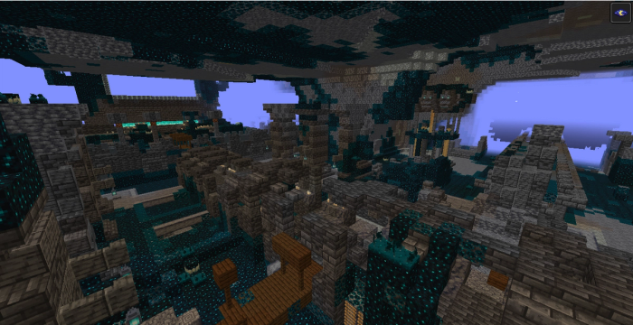 A Minecraft ancient city filled with Deep Dark blocks.