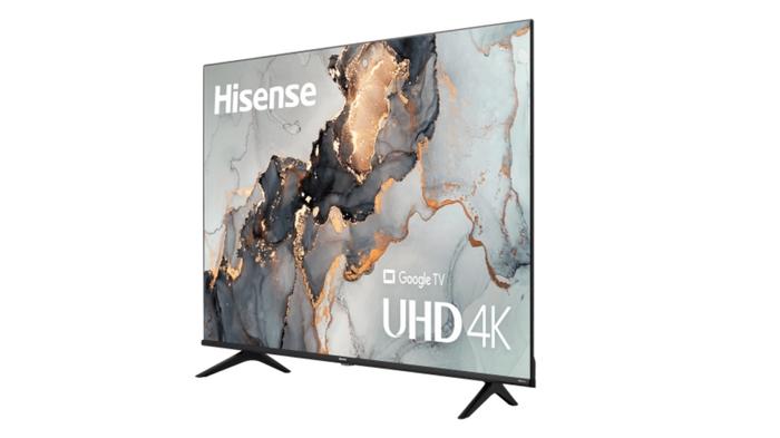 Best cheap 4K TV - Hisense A6H product image thin-framed TV with black, gold, and grey pattern on the display along with white Hisense branding.