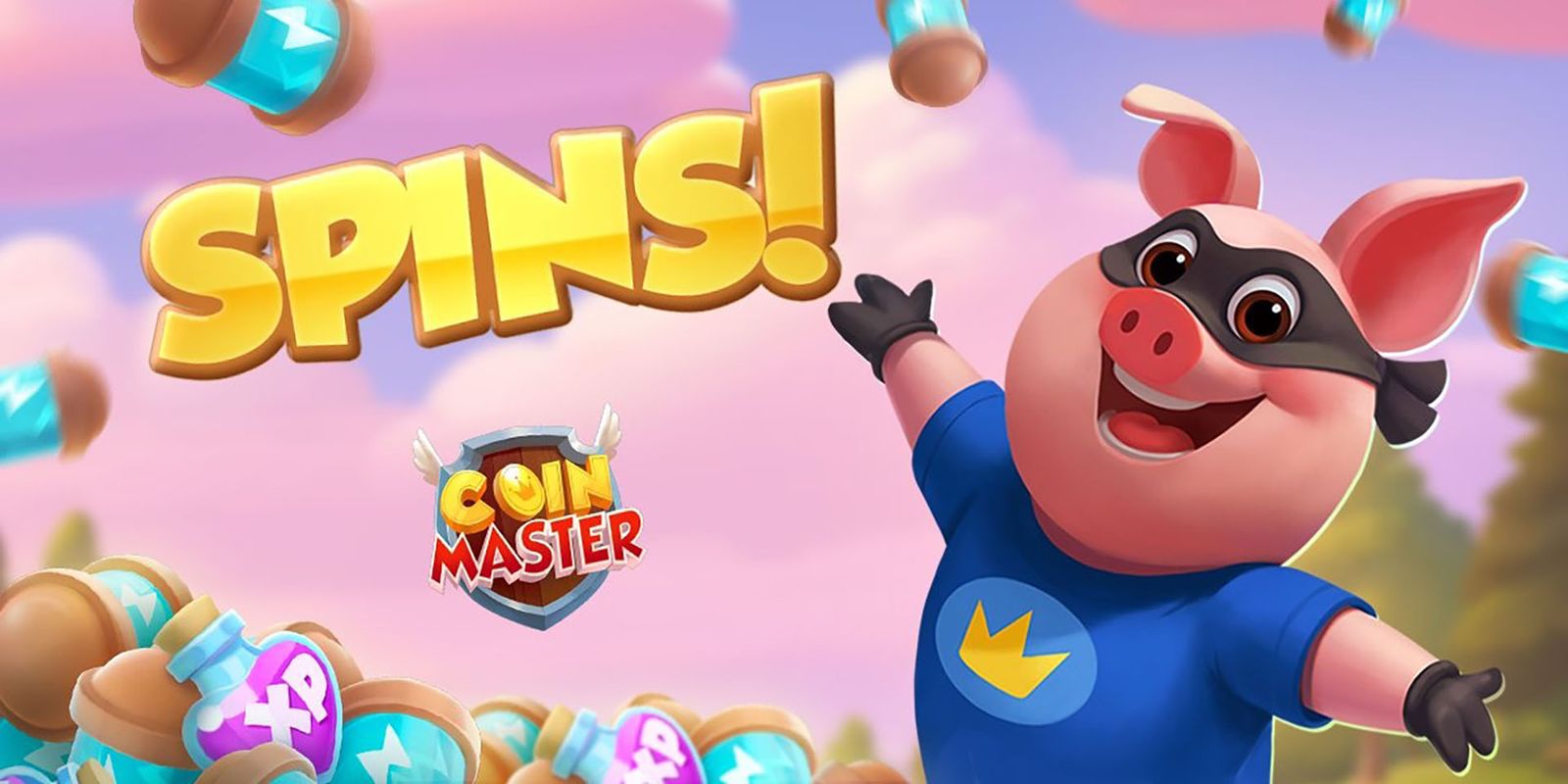 a cartoon pig wearing a mask and a blue shirt is standing in front of a pile of coins .