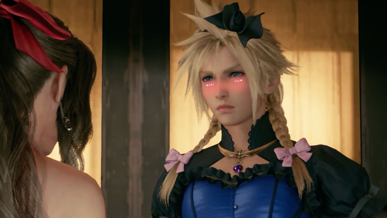 Final Fantasy VII Remake Cloud Strife in a dress blushing in front of Aerith 