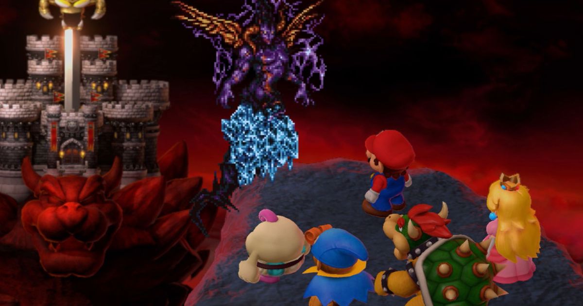 Mario, Mallow, Geno, Peach, and Bowser looking standing in front of a cliff looking at Culex in Super Mario RPG