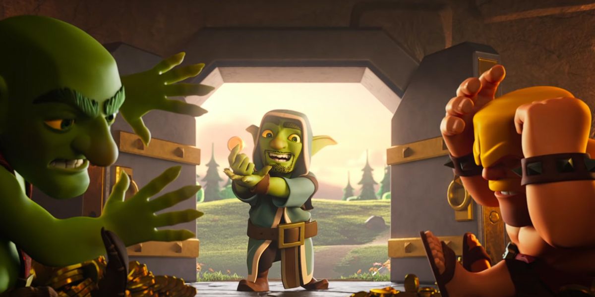 Screenshot from Clash of Clans, showing three characters looking at a pile of gold