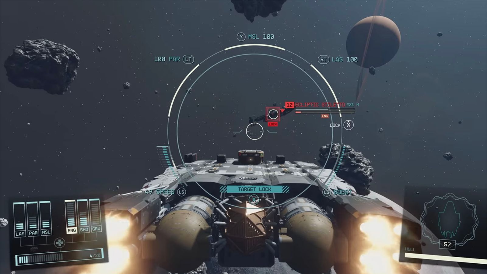 A player ship attempting to board an enemy ship in Starfield.