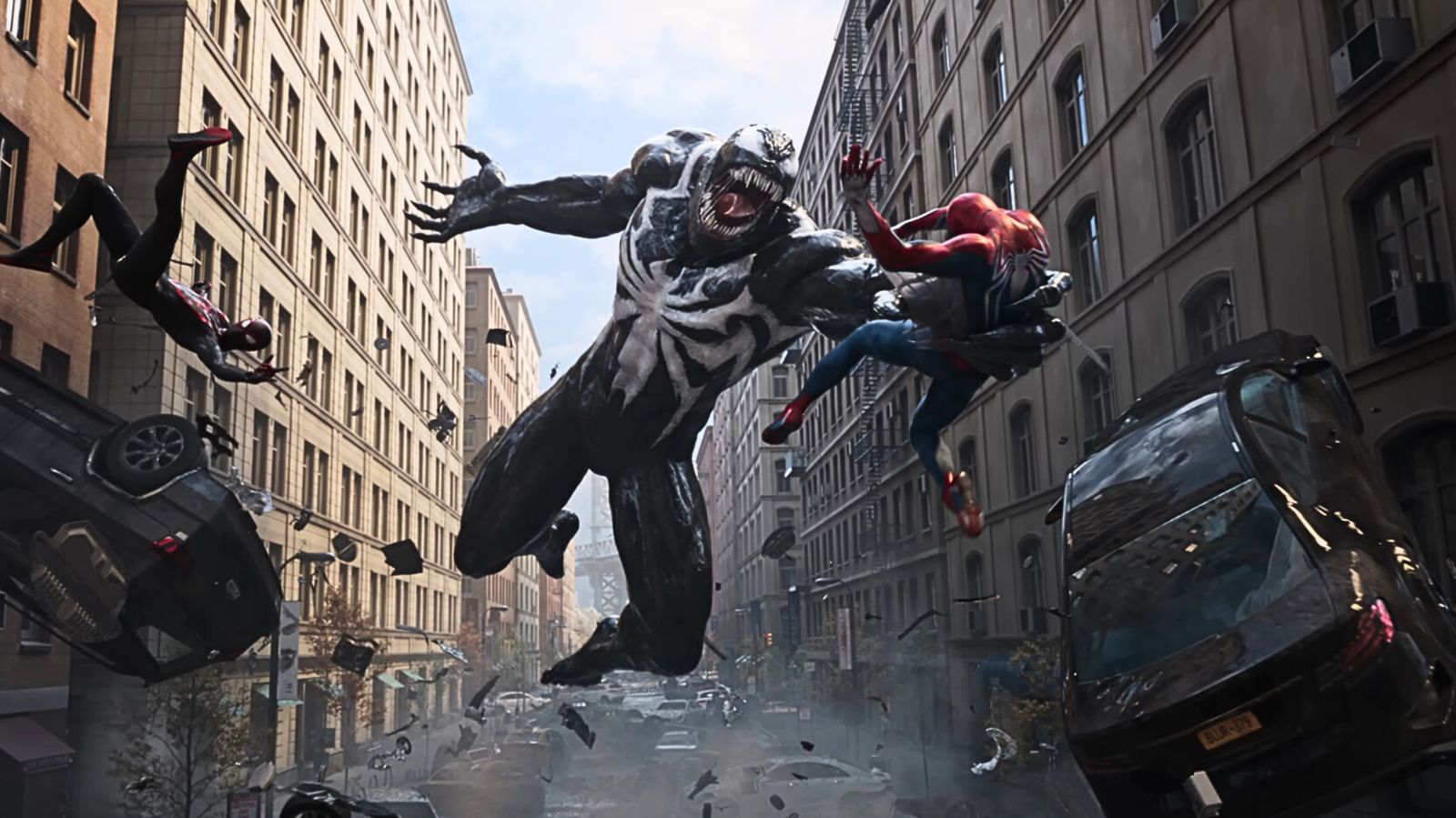 Venom engaged in a battle with Peter and Miles in Spider-Man 2