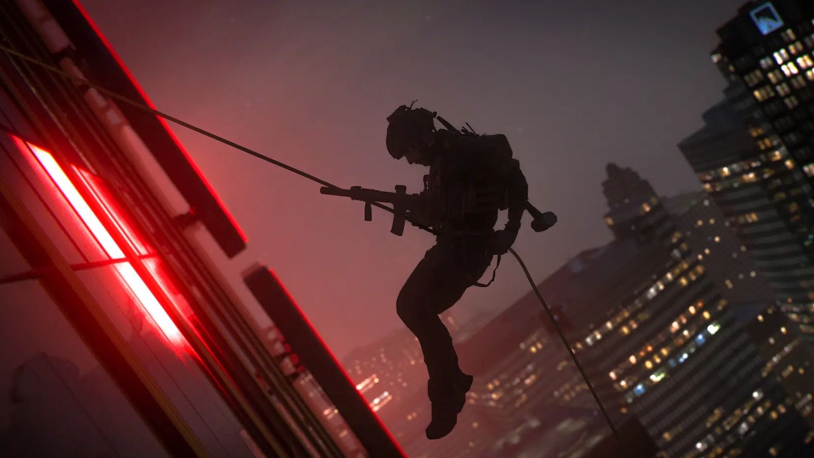 Image showing Modern Warfare 2 player abseiling down skyscraper